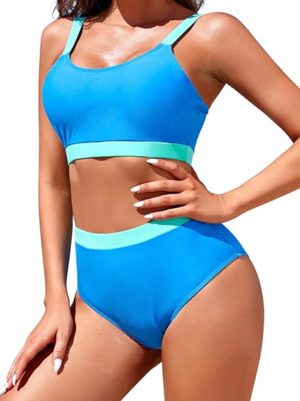 Womens High Waisted Bikini Sets Sporty Crop Top Color Block Swimwear XL size